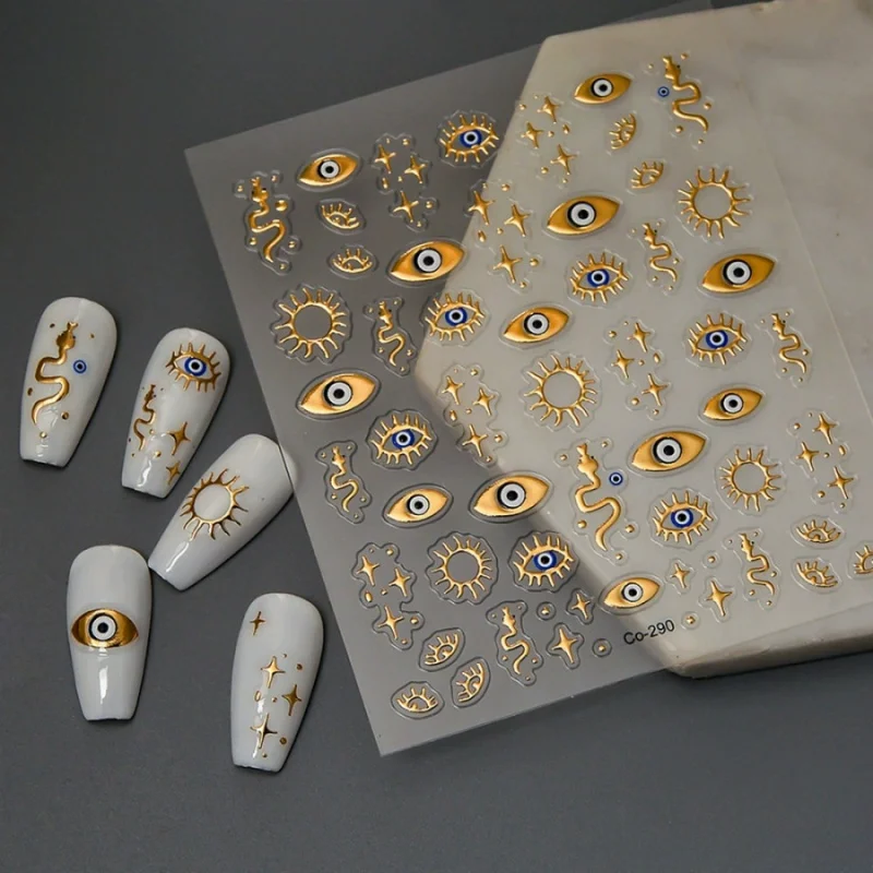 

1pc Devil's Eye Nail Stickers Gold Foil Embossed Eyes Sun Stars 3D Wearable Nail Stickers Phone Laptop Decoration Stickers