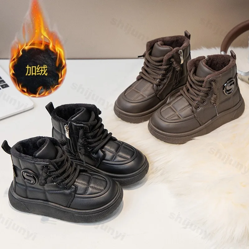Sepatu Bot Salju Anak Laki-laki Musim Dingin 2025, Model Tinggi, Berbahan Plush Hangat, Sol Tebal, Katun, Fashionable, Serbaguna, Nyaman, dan Kokoh