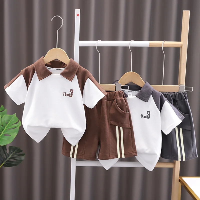 

Summer Children Boy Clothes Kid Lapel T-Shirts and Shorts Set Patchwork V Neck Top Bottom 2 Pieces Suit Fashion Tracksuits