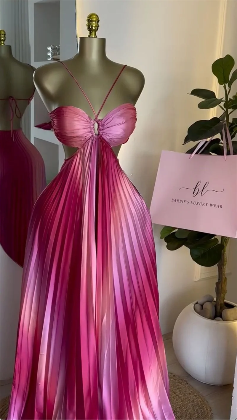 Pink Gradient Color Women Prom Dress Sexy Lace Up Back Sleeveless Ruched Ruffles Party Gown Casual Formal Prom Birthday Robe