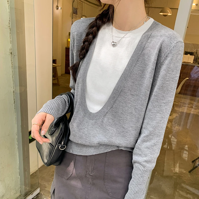 

Korean Fashion Lazy Style Knitted Sweater for Women New Simple O-neck Spliced Fake Two Piece Loose Casual Pullover Women Tops