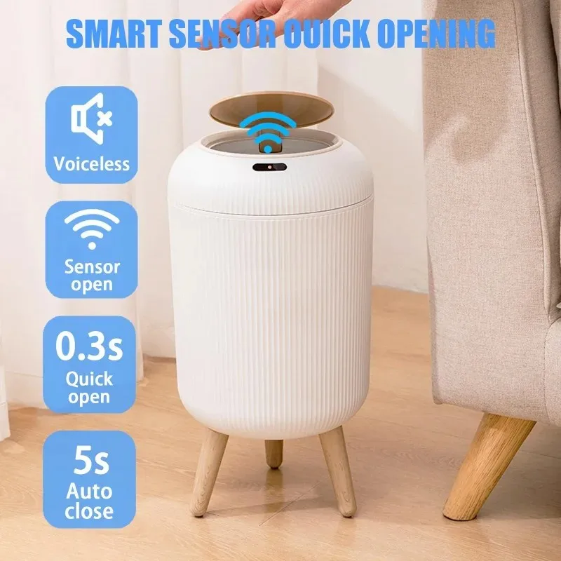 10-liter white automatic sensor trash can with elegant wood grain foot pedal design, hands-free induction opening effectively