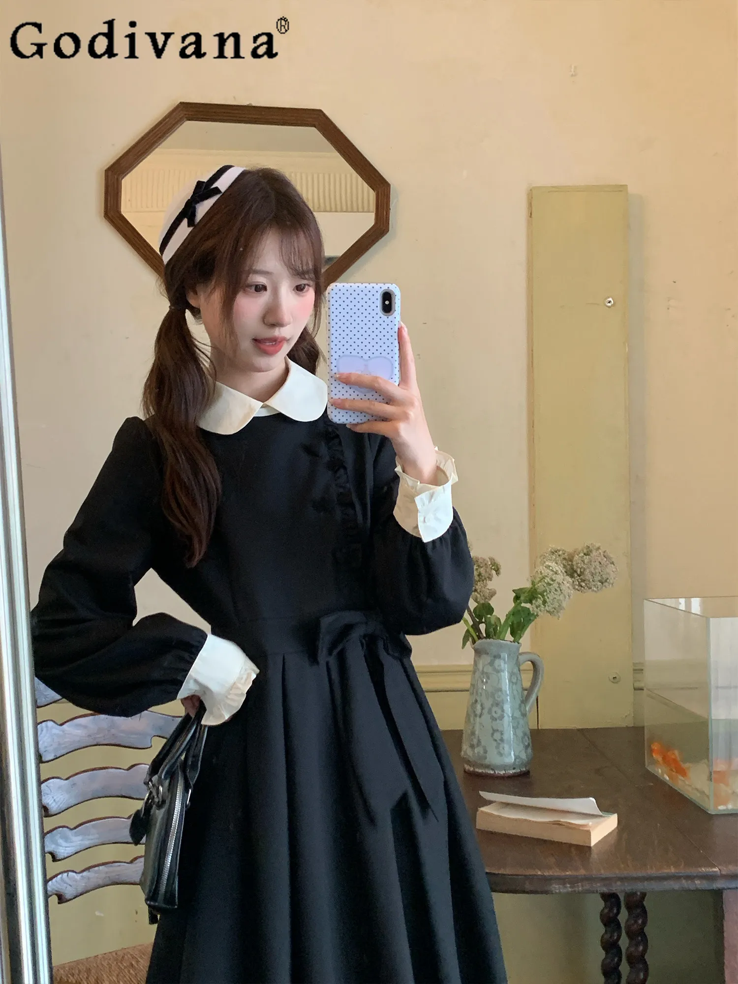 

French Elegant Lady Sweet Original Bowknot Women's Dress Autumn Winter New Doll Collar Long Sleeve Commuter Versatile Long Dress