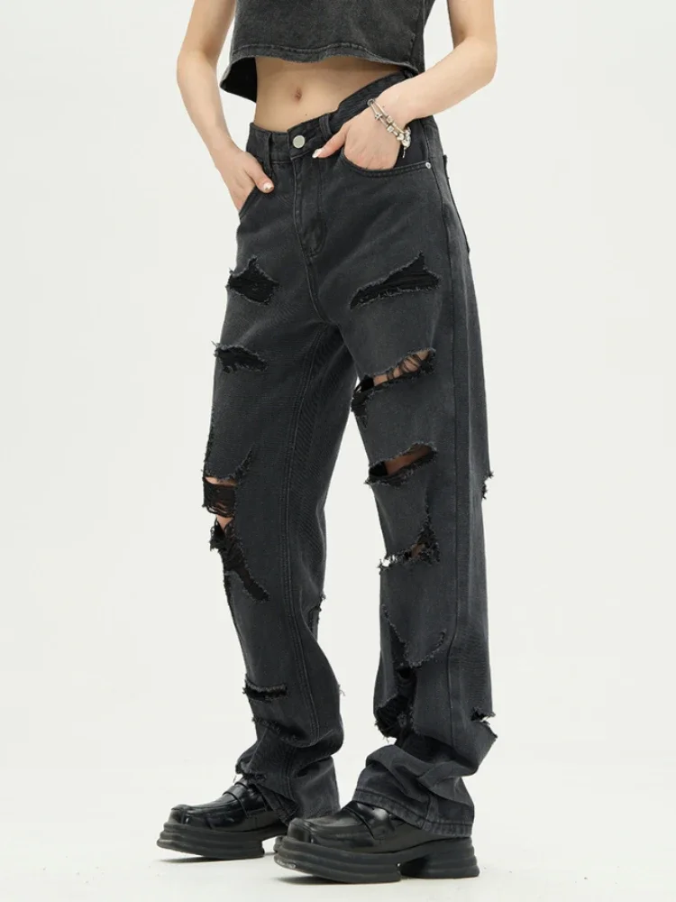 

Мужские полые джинсы, нерегулярные широкие брюки в японском стиле, свободные потертые винтажные брюки в стиле панк полной длины, стильная уличная одежда, лето