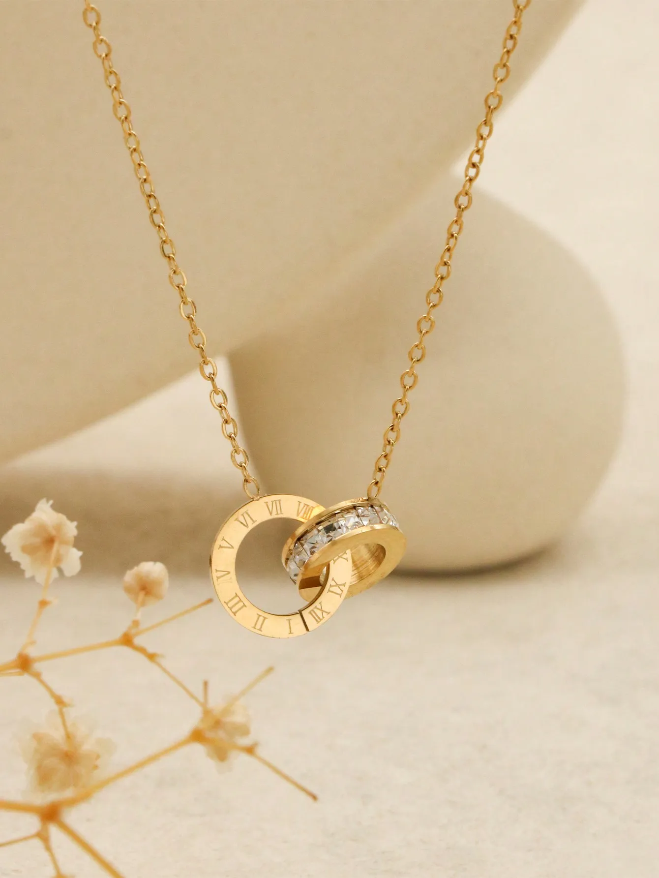 

Золотое колье с двойным кольцом и римскими цифрами, инкрустированное цирконием, для женщин