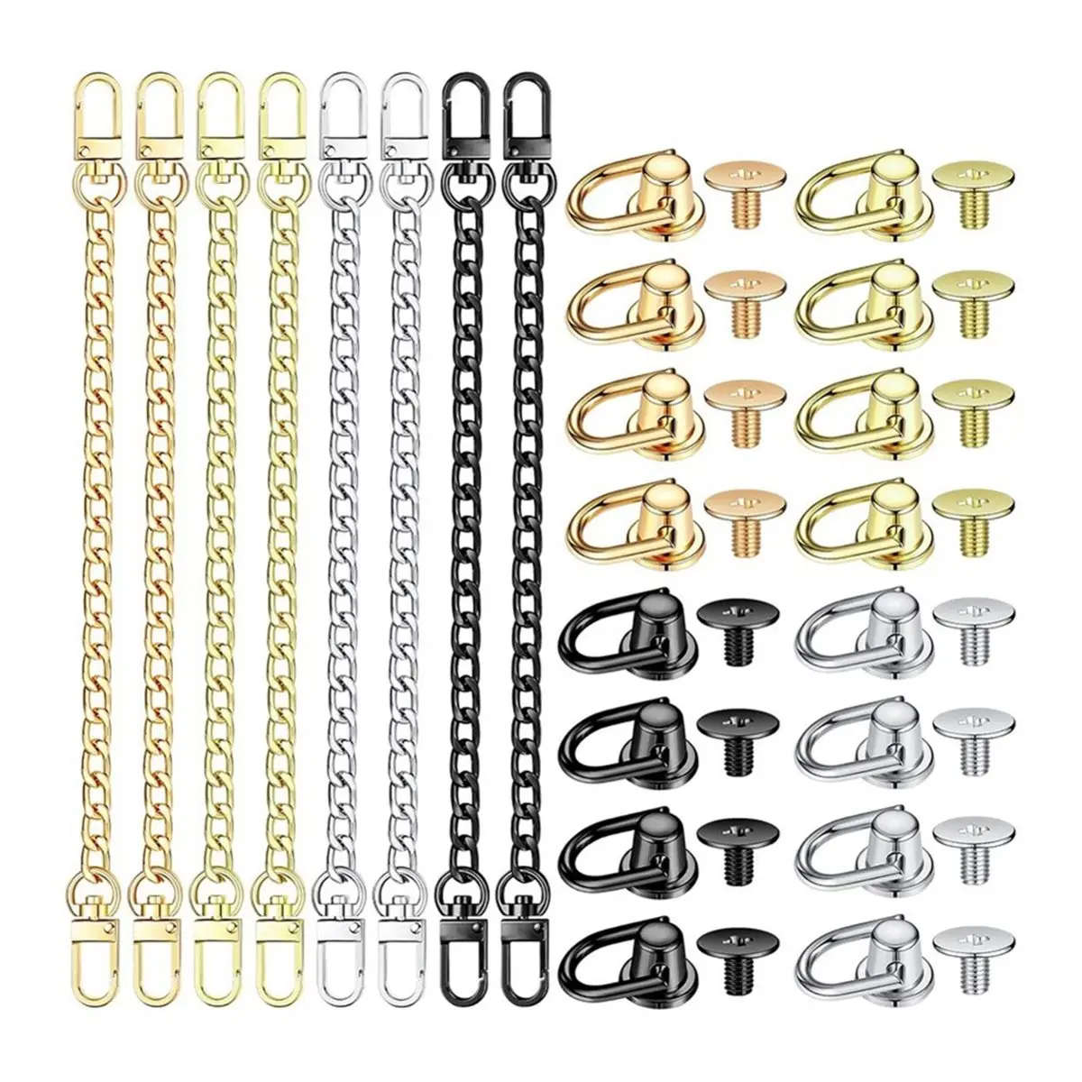 NOCM 8 Pcs Purse Chain Strap for Handbag, with 16 Pcs Studs D Ring, 4 Colors 7.9 in Extender, 16 Pcs Studs Rivets D Ring