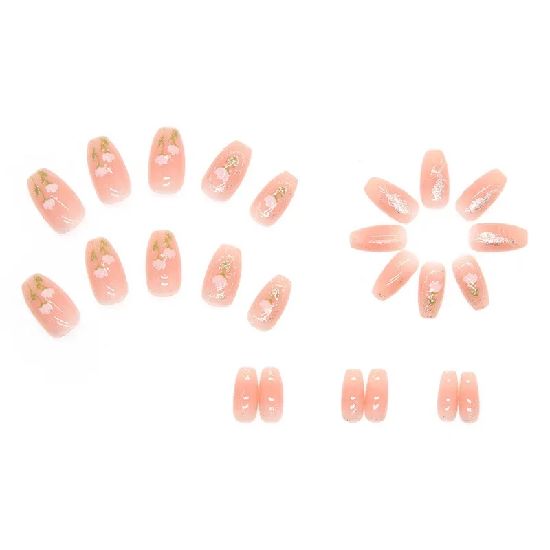 24Pcs/Box Flower Fake Nails Press On Nails Short Square Head French Tips Nail Set Press On Nail With 24Pcs Glue Sticker Nail Art