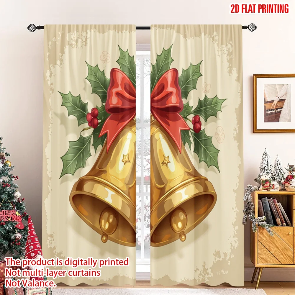 

2pcs 2D flat printing Christmas Window Curtains Christmas Bells Holly Festive Polyester Without Electricity Party Decorations