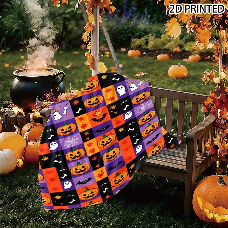 Halloween Themed Plaid Throw Blanket with Carved Pumpkin, Ghost, Black Cat, Bat & Spooky Elements Print, Multiple Specifications