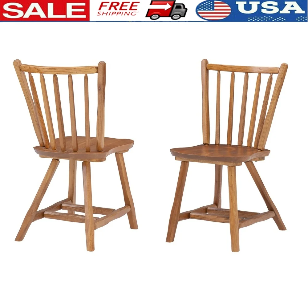 

Medium Oak Windsor Back Dining Chairs Set of Two Solid Beechwood Construction Rustic Design Commercial Grade Durable Fully