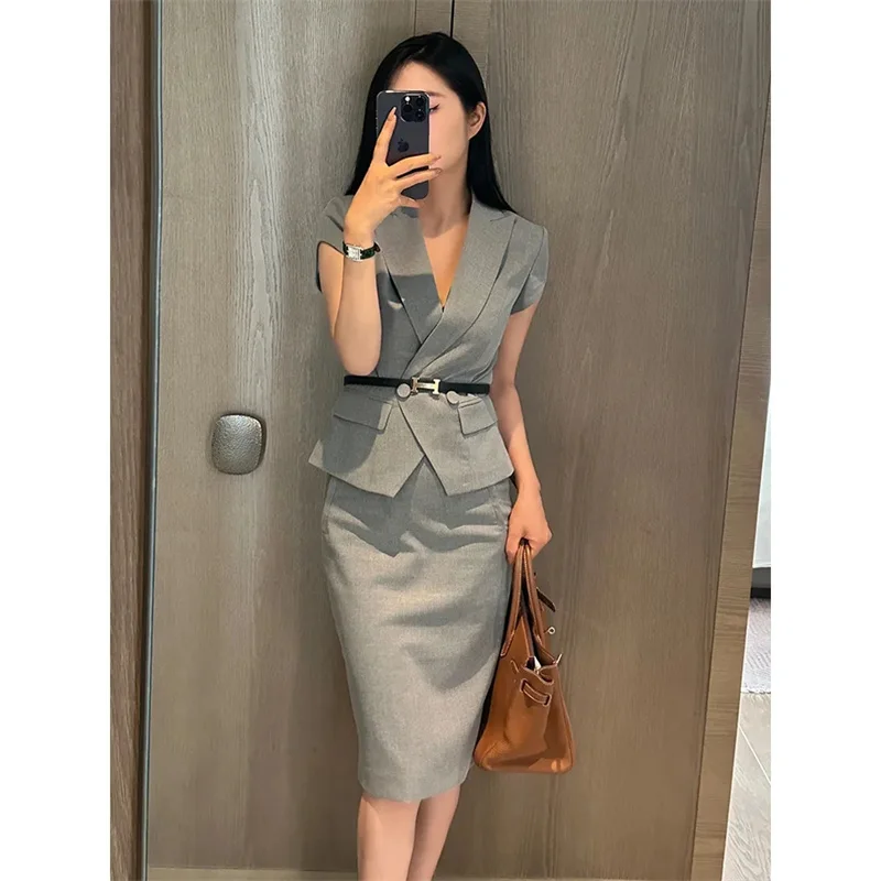 Summer Femme Fashion Short Sleeve Blazer Outfit 2025 Ladies Solid Color Short Skirt French Women Leisure Suit Two Piece Set