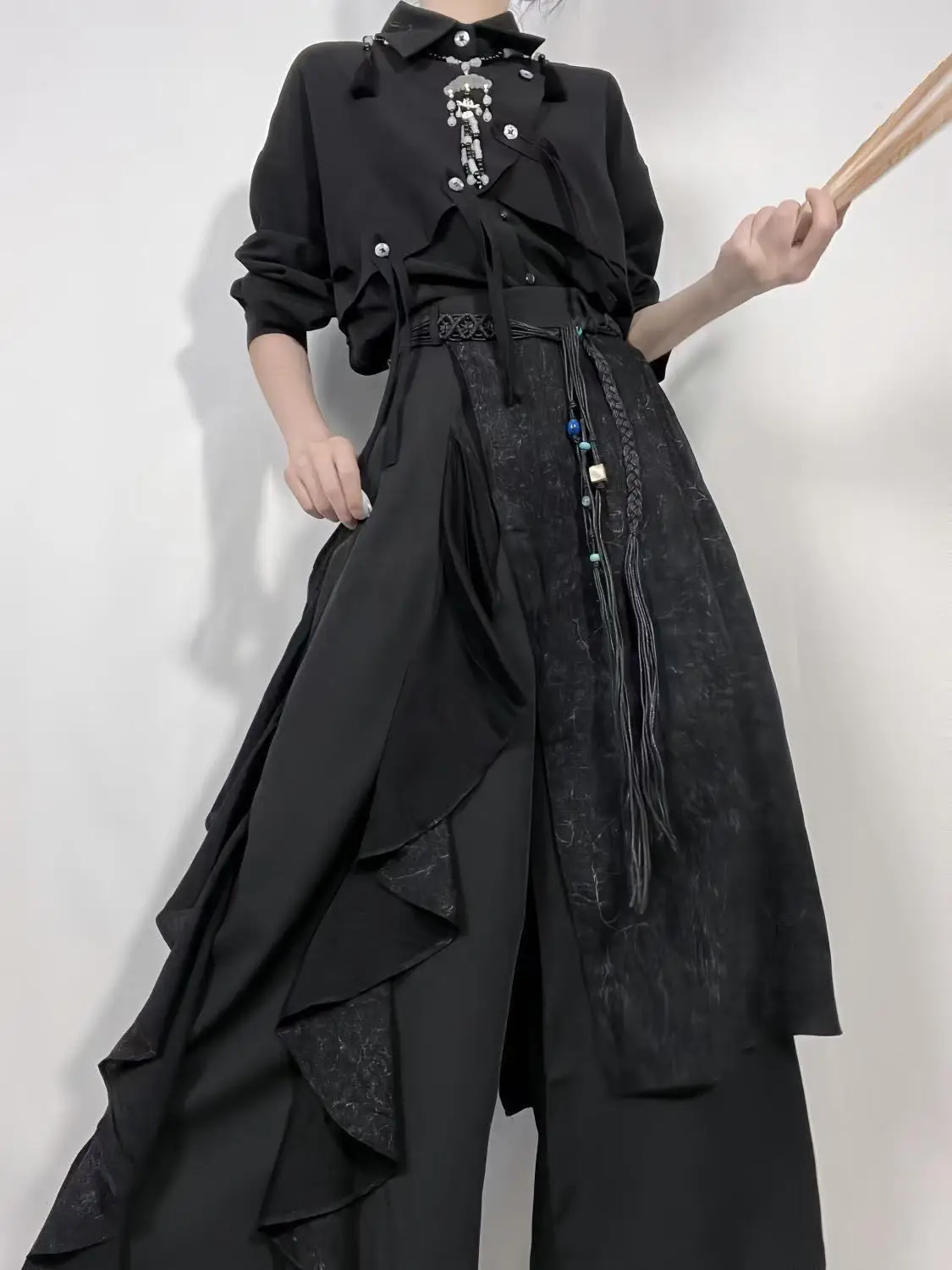 Bisex Dark Black Skirt Pants Men Women New Chinese Style Patchwork Double-layer Wide Leg Pants Vintage Niche Fashion Culotte