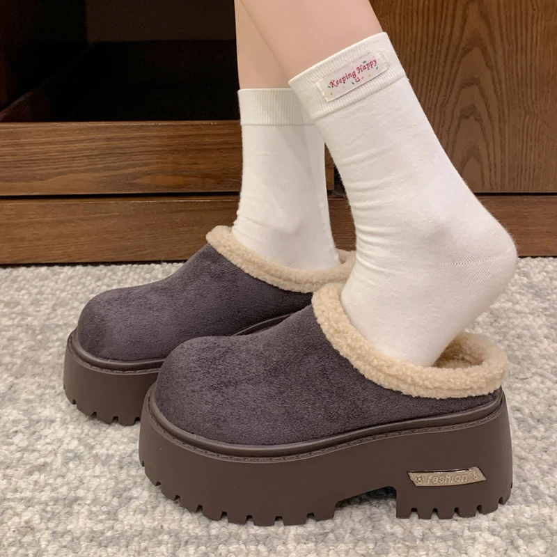 

Женские тапочки на высоком каблуке, повседневные туфли-лодочки на меховой платформе, модные модельные зимние ботинки, новинка 2023 года, короткие плюшевые женские зимние ботинки