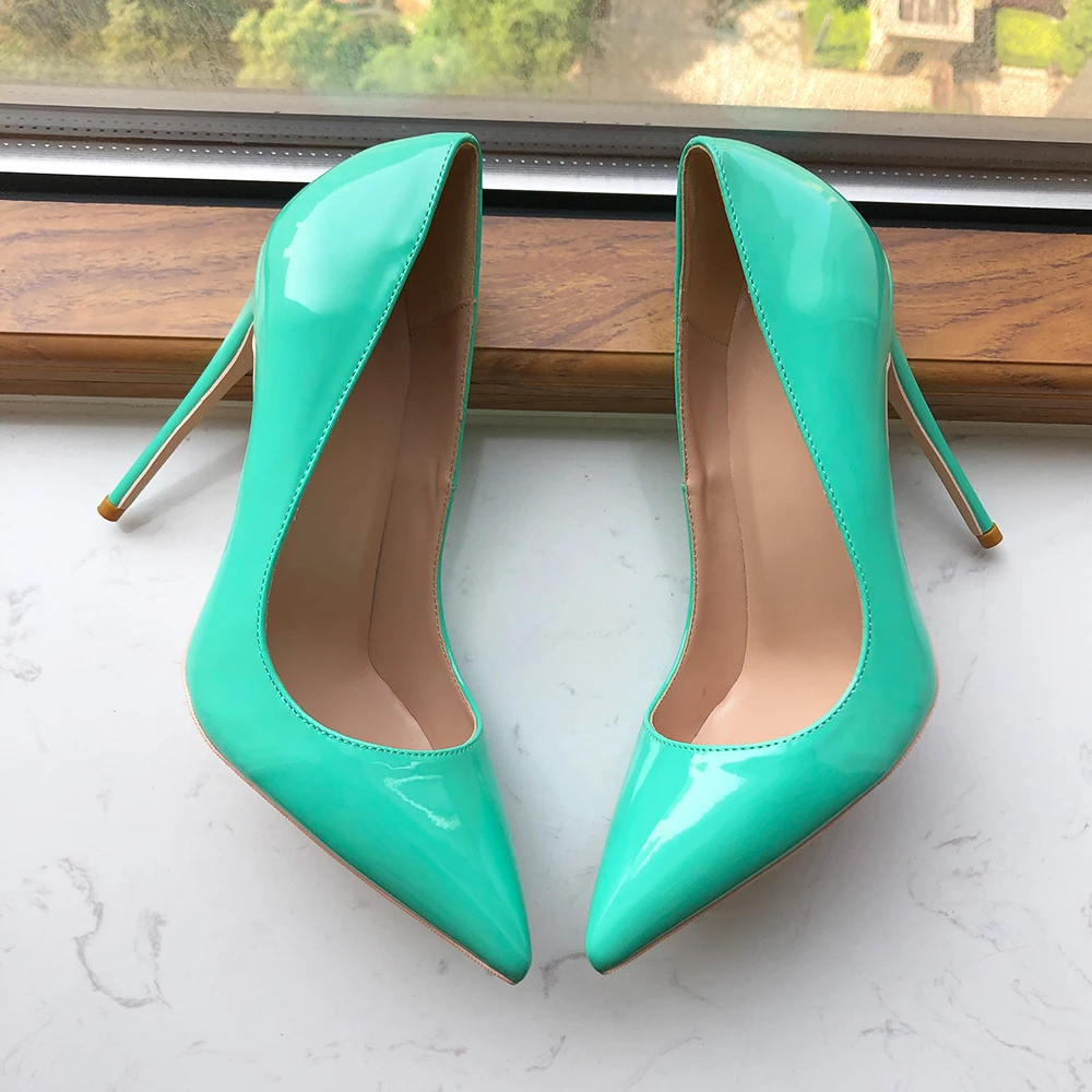 Tikicup Glossy Mint Green Women Pointy Toe 8cm 10cm 12cm High Heel Shoes Slip On Stiletto Pumps Plus Size 33-45 Colors Customize