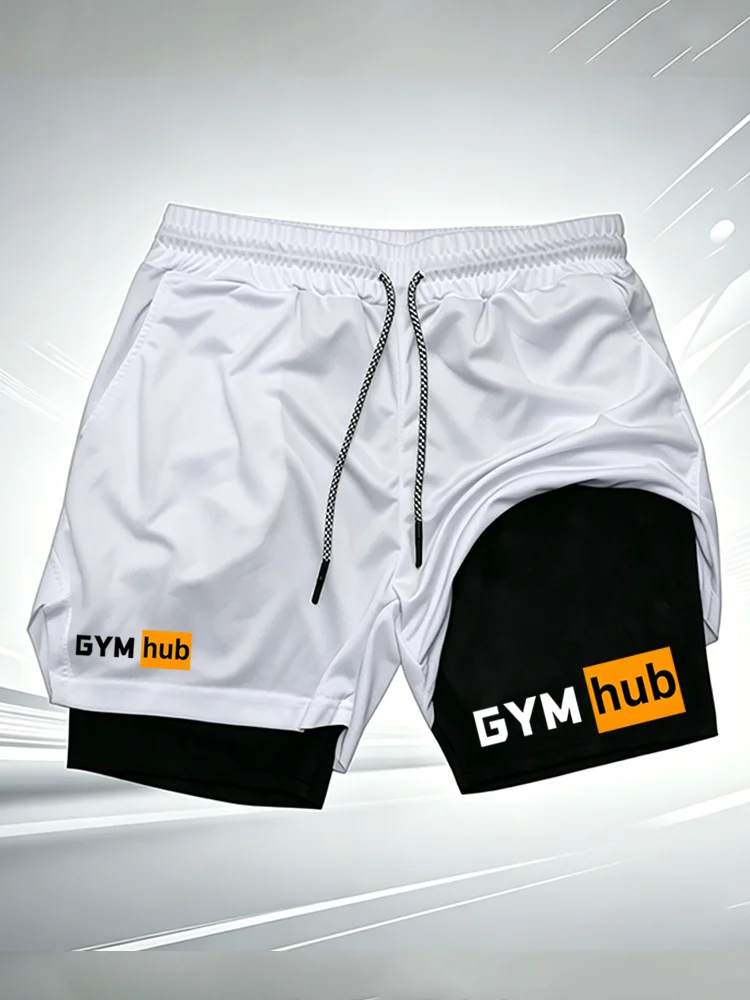 Men's GYM hub 2 in 1 Double Layer Gym Shorts Quick Dry Compression Liner Athletic Running Workout Casual Sports Short Pants-286