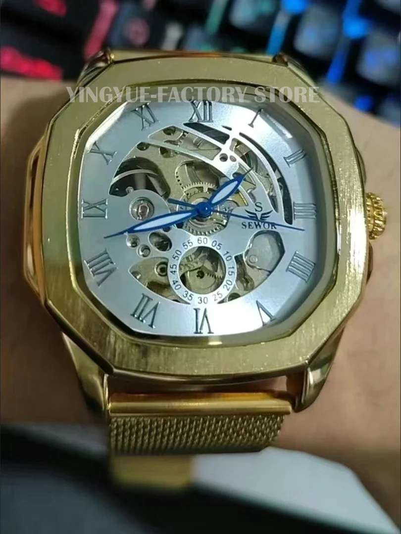 Orologio meccanico automatico per uomo Orologio da polso con quadrante dorato da uomo d\'affari in acciaio inossidabile con scheletro in oro quadrato