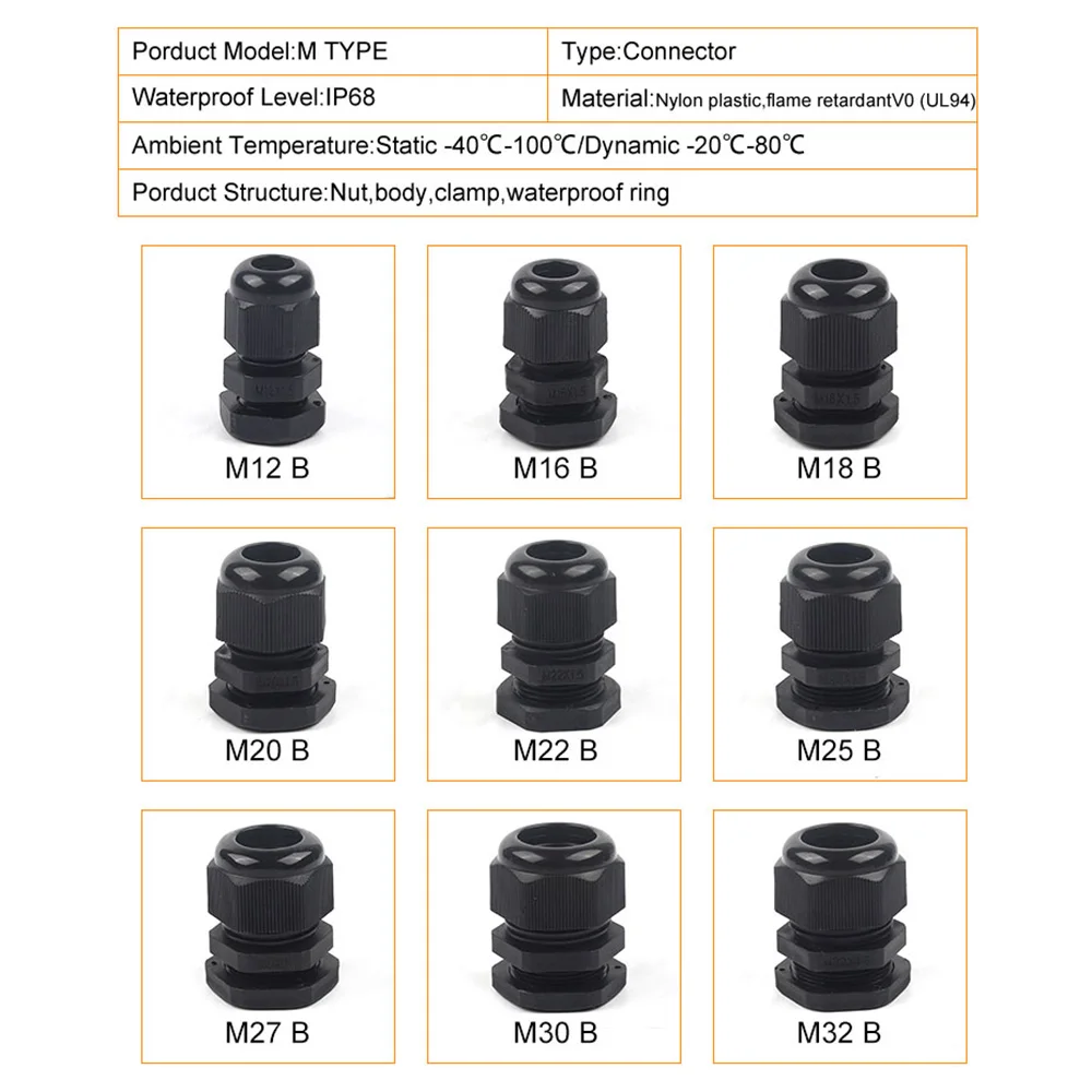 5 قطعة IP68 مقاوم للماء النايلون كابل الغدة M-نوع موصل M12/16/18/20/2/25/27/30/32 البلاستيك الأسود المشترك ختم المشبك ل يسخر #3