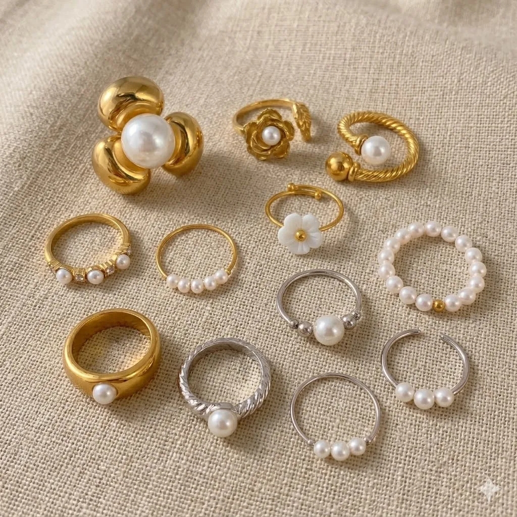 French Vintage Pearl Rings Set for Women 14K Gold Plated Baroque Pearl Ring Twisted Chunky Statement Finger Rings Jewelry Gift view 2