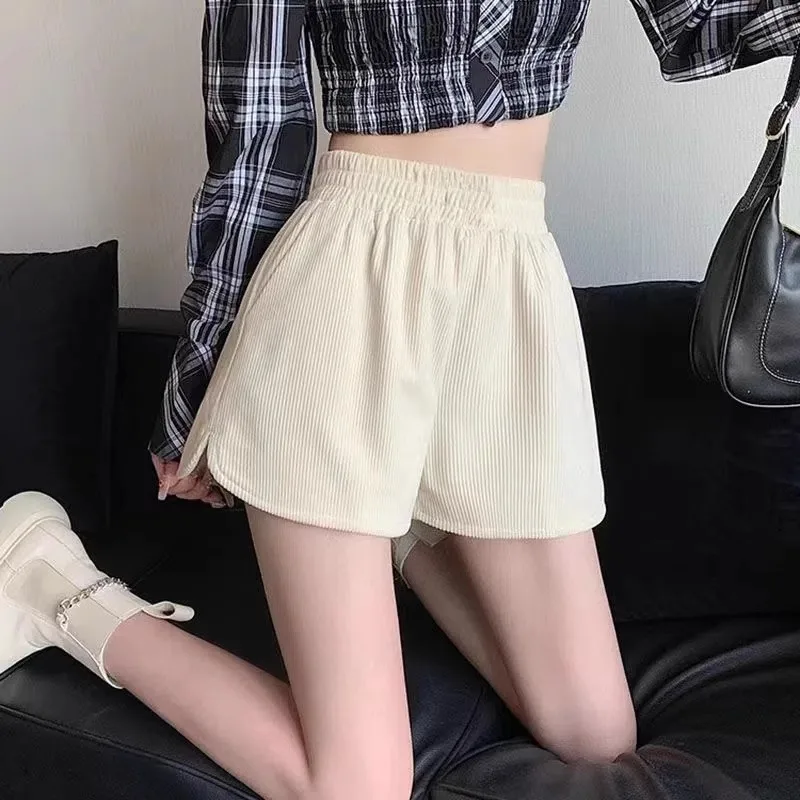 

2024Autumn Winter Plus SizemmElastic Waist Shorts for Women High Waist Corduroy Slimming Wide Leg Pants Black Casual Boot Shorts