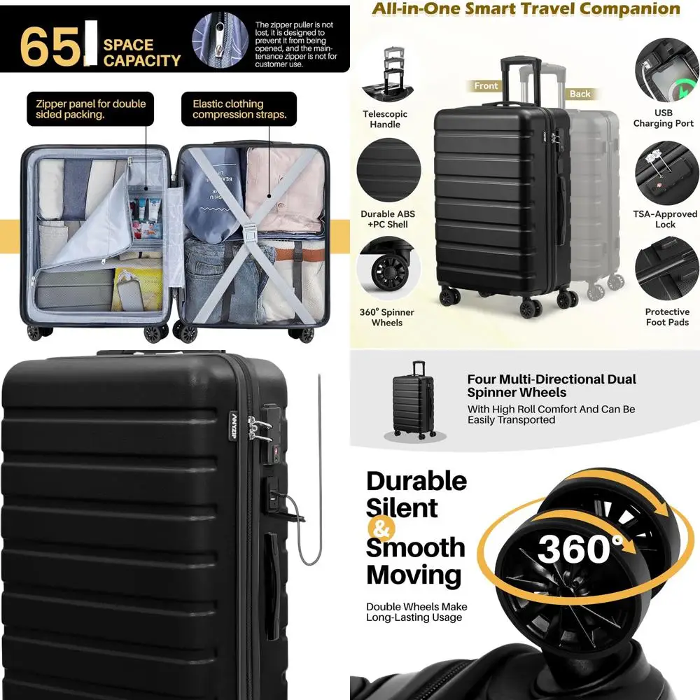 

24 Inch Black ABS Hardside Suitcase with USB Port, Wheels, TSA Lock - Medium Size