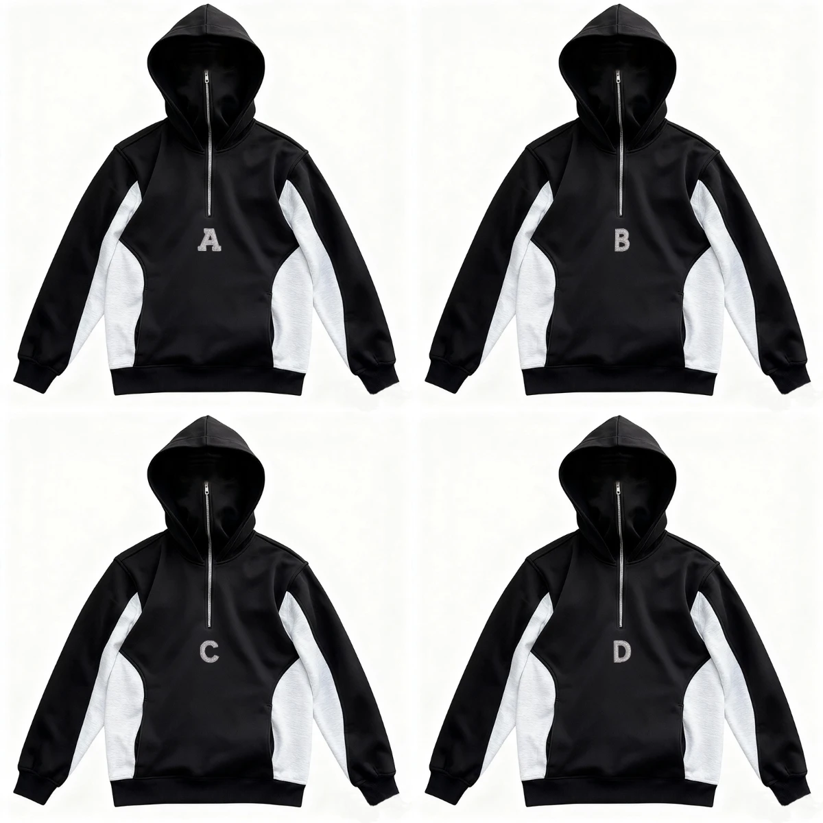 Felpa con cappuccio patchwork in bianco e nero stile casual per l'inverno 2025 Pullover con mezza cerniera Top alla moda e versatile