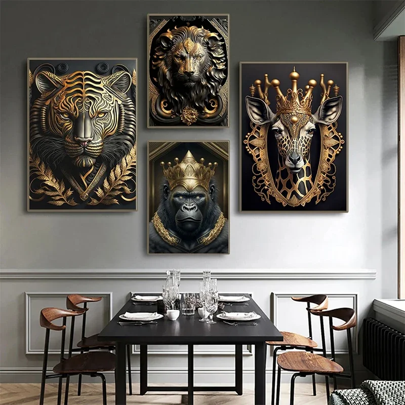 Metal Sculpture Gorilla King Canvas Painting Golden Lion Tiger Deer Bull Poster Wall Art Animal Statue Pictures for Home Decor