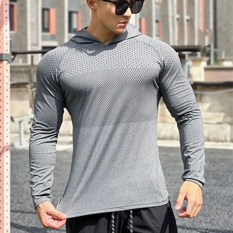 Outdoor exercise men's sportswear thin stretch fitness wear Fashion casual pullover hooded long-sleeved T-shirt men's top