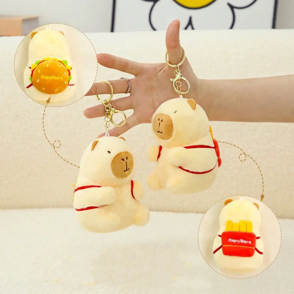 Creative Fluffy Capybara Plush Key Chain Hamburger French Fries Stuffed Animals Toy Funny Soft School Bag Pendant Decoration