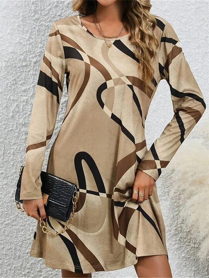 Autumn Long Sleeve Dress Women O-Neck Casual 2024 New Office Ladies OL Work Printing Party Vestidos Holiday Elegant Sundress