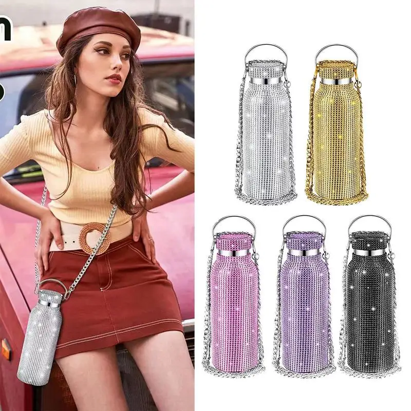 

Rhinestone Water Bottle New Luxury Rhinestone Pattern Decorated Water Bottle With Carry Strap Leakproof,Reusable Vacuum Drinking