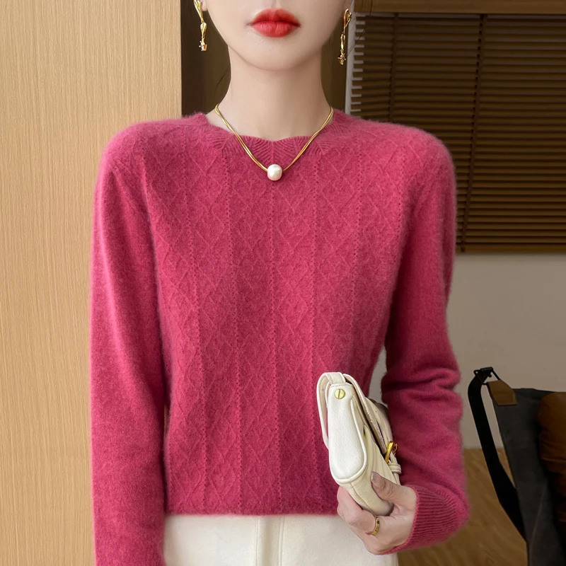 Autumn and winter new women\'s sweater 100% wool O-neck solid color long sleeve loose fashion cashmere knit top pullover.