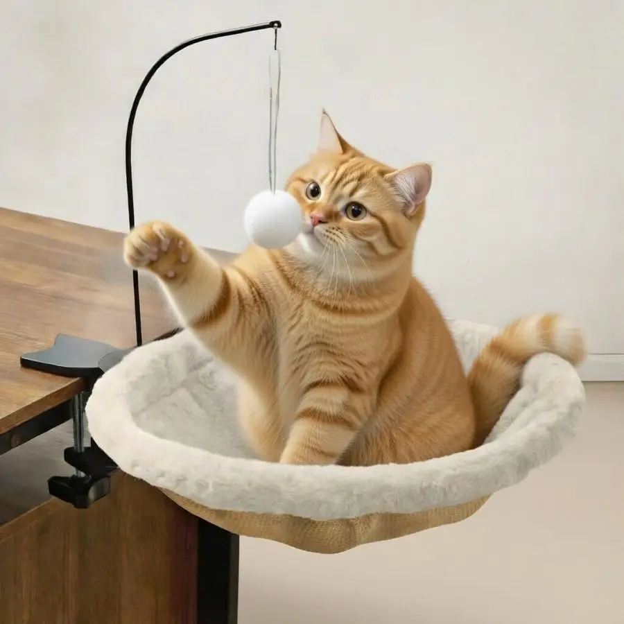 

Плюшевый гамак-лежанка для кошек на стол/кровать для домашнего офиса с подвесной игрушкой из перьев и шариков, нескользящее прочное крепление, экономия места на рабочем столе