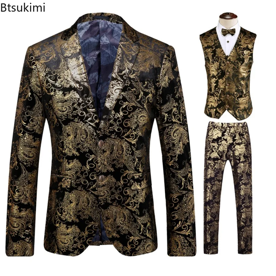 New Men's 3-piece Sets (Blazers+Vest+Pants ) European Style Trend Business Party Tuxedo Dress Outfits Stage Performance Clothes