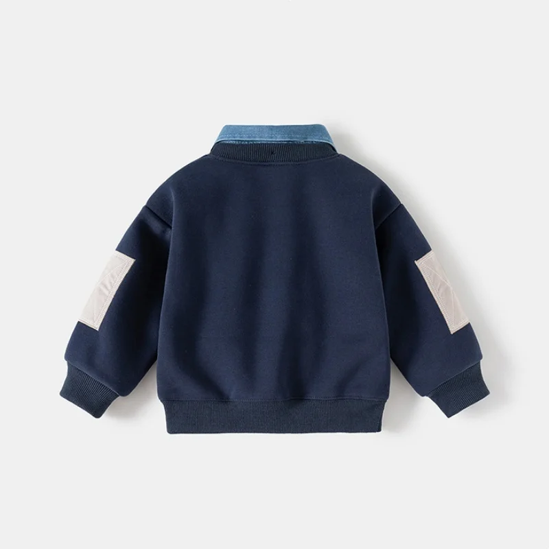 2026 Fleece Padded False Denim Kids Tops Sweatshirt Patchwork Style Fashion Warm Kids Boys Pullover Casual Coat for Winter