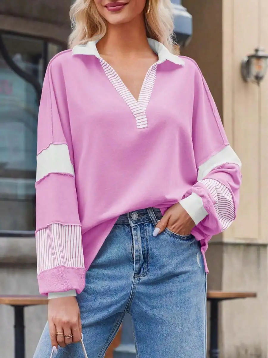 

Women's Pink Color Block V-Neck Oversized Sweatshirt with Striped Collar & Sleeve Panels, Casual Long Sleeve Top