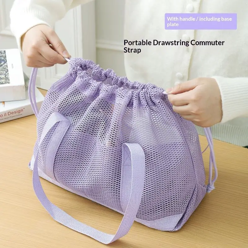 Simple Breathable Mesh Drawstring Tote Bag Handbag Sturdy Base Comfortable Handles For Women Gym Swimming Beach Outings