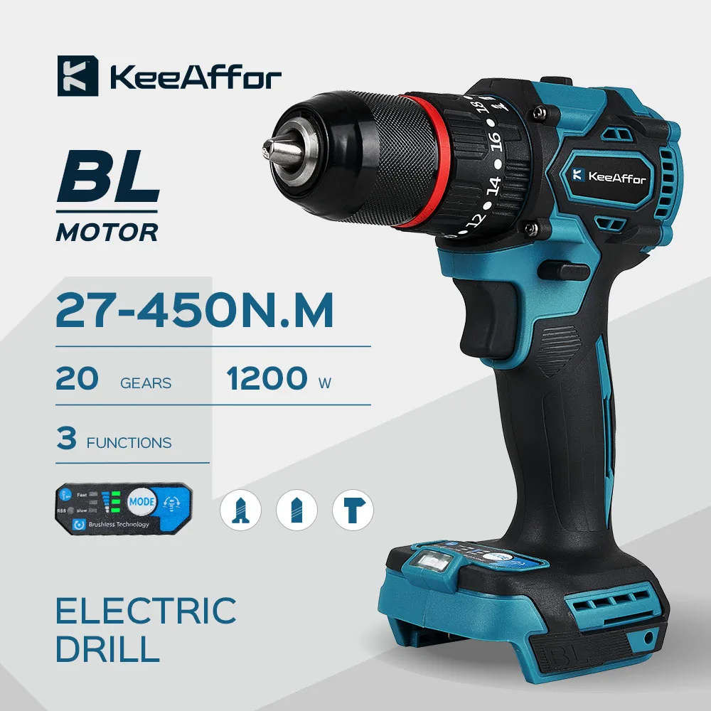 KEEAFFOR 1200W 450NM Brushless 20 เกียร์แรงบิดไฟฟ้าสว่านกระแทกไขควงไฟฟ้าเครื่องมือไร้สายสําหรับ Makita 18v แบตเตอรี่