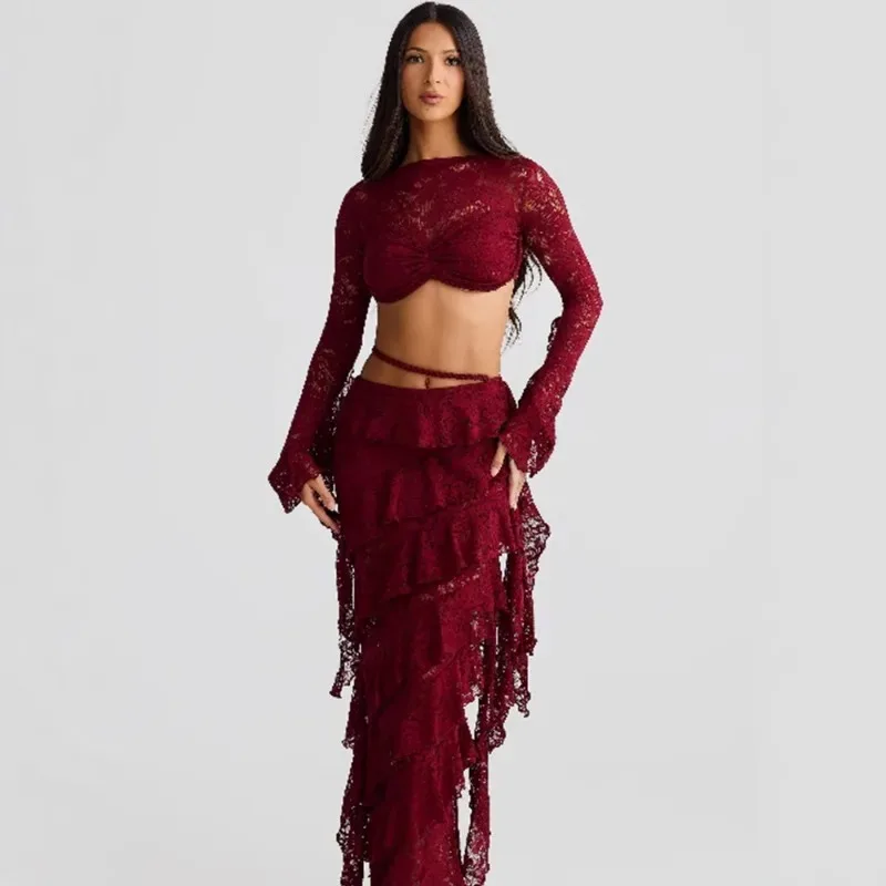 

Sexy Women Lace Skirt Two Piece Set Elegant Crop Top Hollow Out Layerred Ruffle Maxi Skirt Suit Summer Irregular Bodycon Outfits