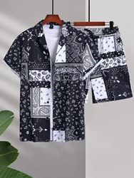 Summer Men's and Women's Short Sleeve Shirt Sets Fashion Spliced Print Fashion Lapel Button Tops Shorts