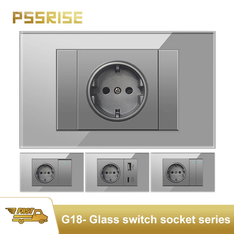 

PSSRISE EU Italy G18 Wall socket 5V 2.1A USB Type-c charger Power Socket Grey glass Panel Light switch TV phone Computer socket