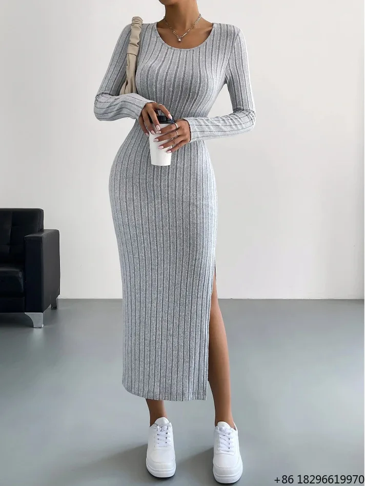 robe-midi-femme-tricotee-cotelee-unie-a-manches-longues-col-rond-coupe-fourreau-taille-naturelle-automne-decontractee-Elegante-quotidienne-oem-odm