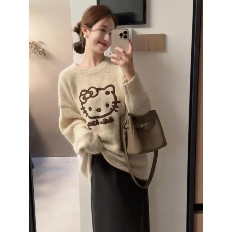 

Свитер «Hello Kitty» Kawaii, аниме, модный студенческий повседневный свитер с круглым вырезом, осенне-зимняя вязаная рубашка, пуловер, топы, новый стиль