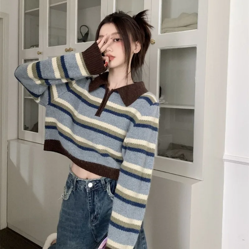 Ezgaga Striped Sweater Women Vintage Turn Down Collar Loose Zipper Knitted Crop Tops Female Pullover Casual Jumper Chic