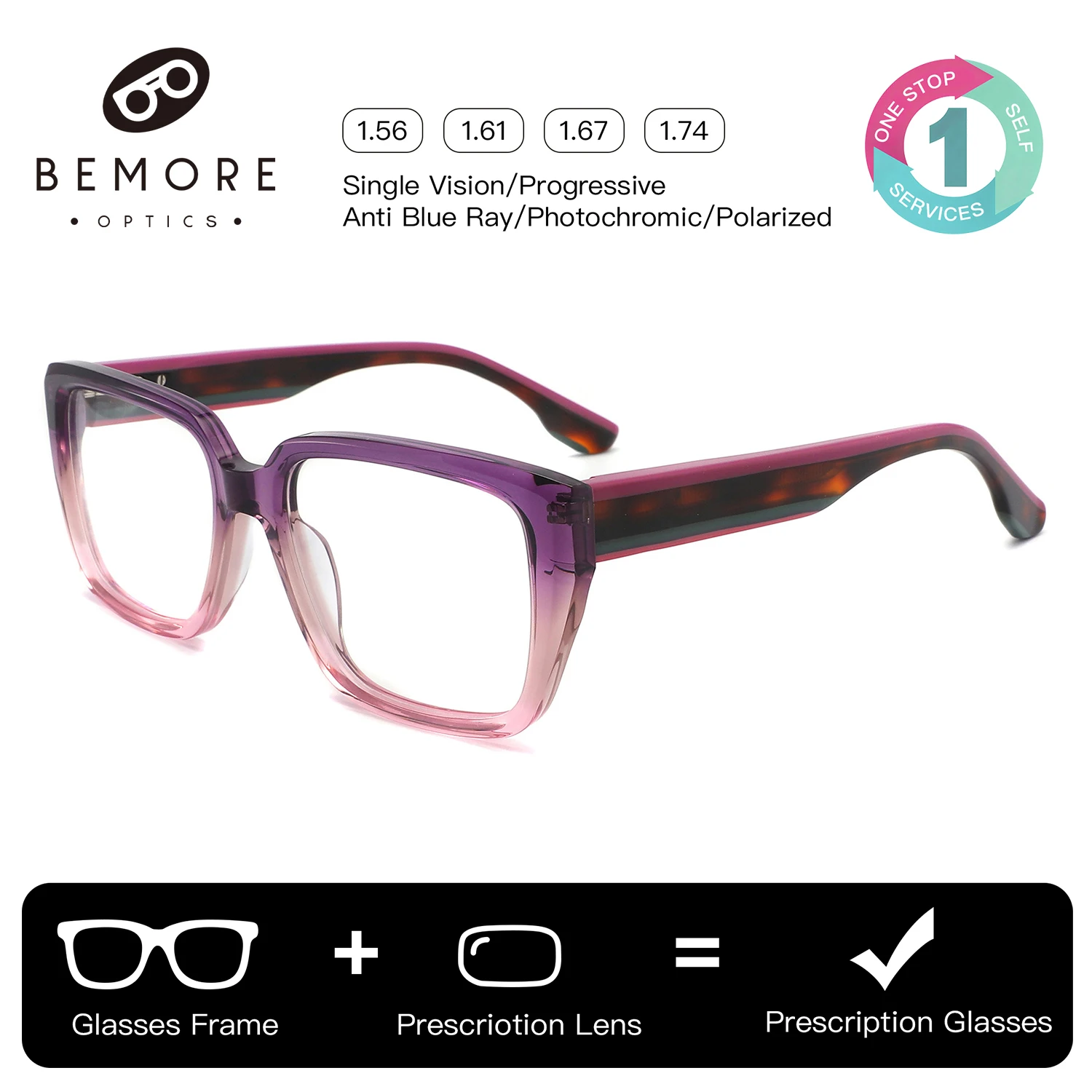 

BEMORE Unisex Square Handmade Acetate Progressive Glasses Anti-Blue Ray Photochromic Grey Multifocal Prescription Eyewear