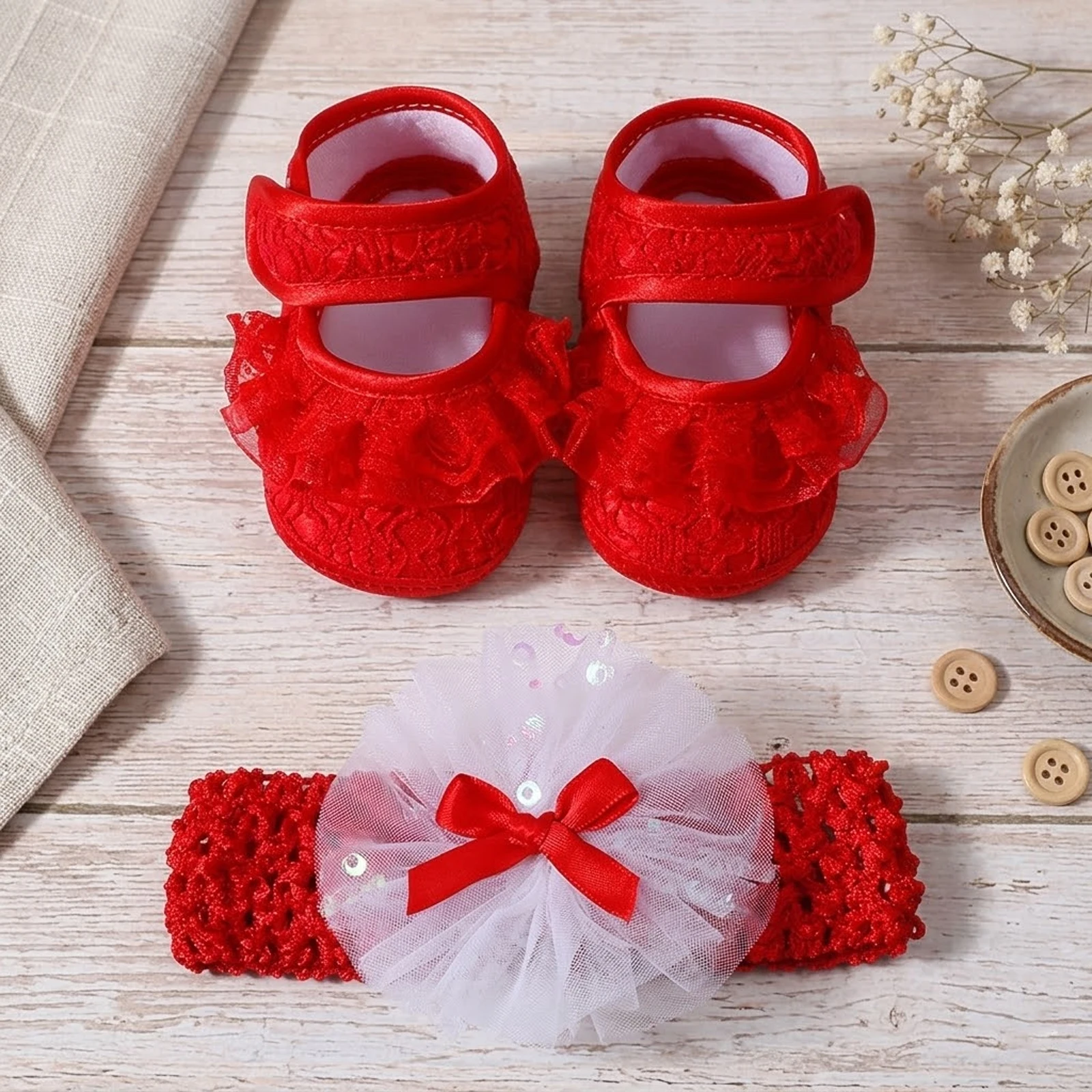 

2026 New Baby Girl Dress Shoes with Headband 2Pcs Set Ruffled Lace Trim Non Slip Walking Shoes and Bow Hairband Infant Presents