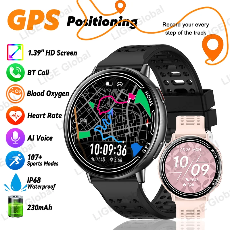 

LIGE 2026 для Android IOS GPS Смарт-часы для мужчин 1,39 "HD Сердечный ритм Кислород в крови Bluetooth Вызов IP68 Водонепроницаемые женские умные часы
