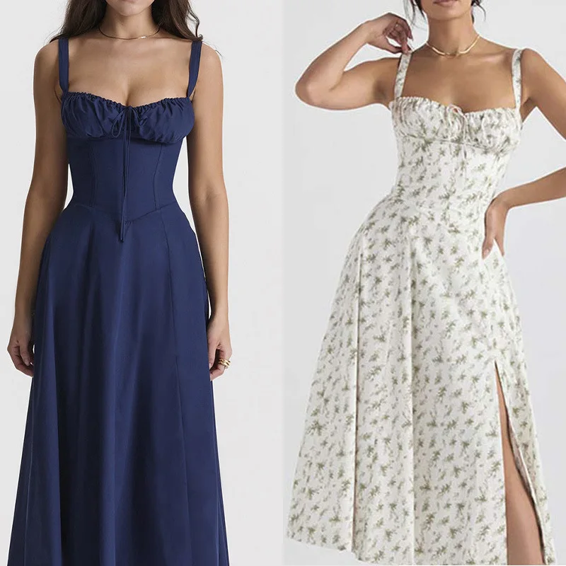 

2025 Women's Floral Elegant Strapless Waist-Cinching Long Back-Tie French Style Dress E001