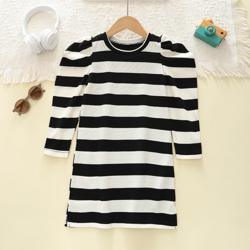 Europe and America Girls Dresses Slim-Fit Round Neck Pullover Black and White Stripe Dress Kids Clothes