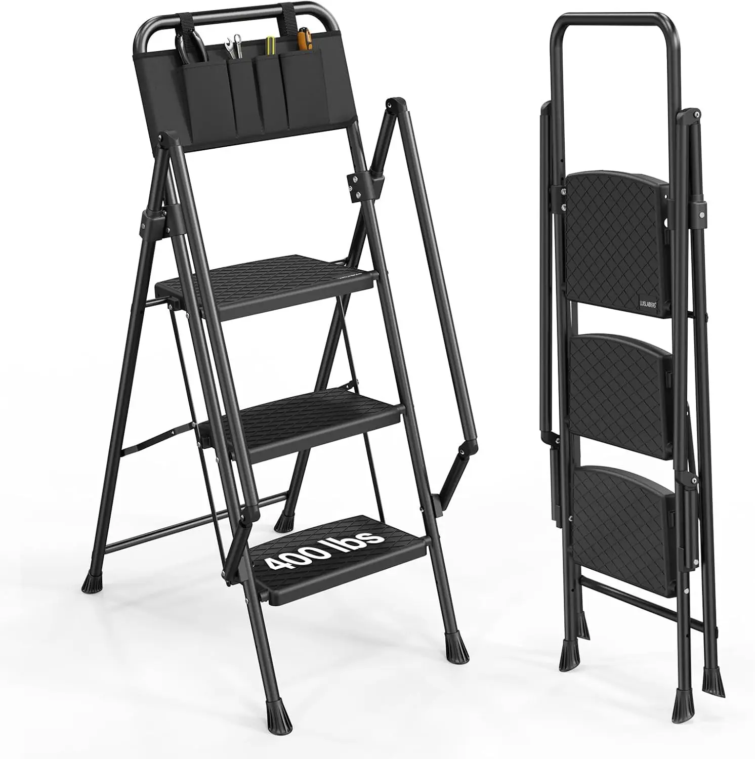 

3 Step Ladder with Handrails, Anti-Slip Pedal, 500lbs Capacity, Lightweight Folding Stool for Home Kitchen Pantry Office, Black
