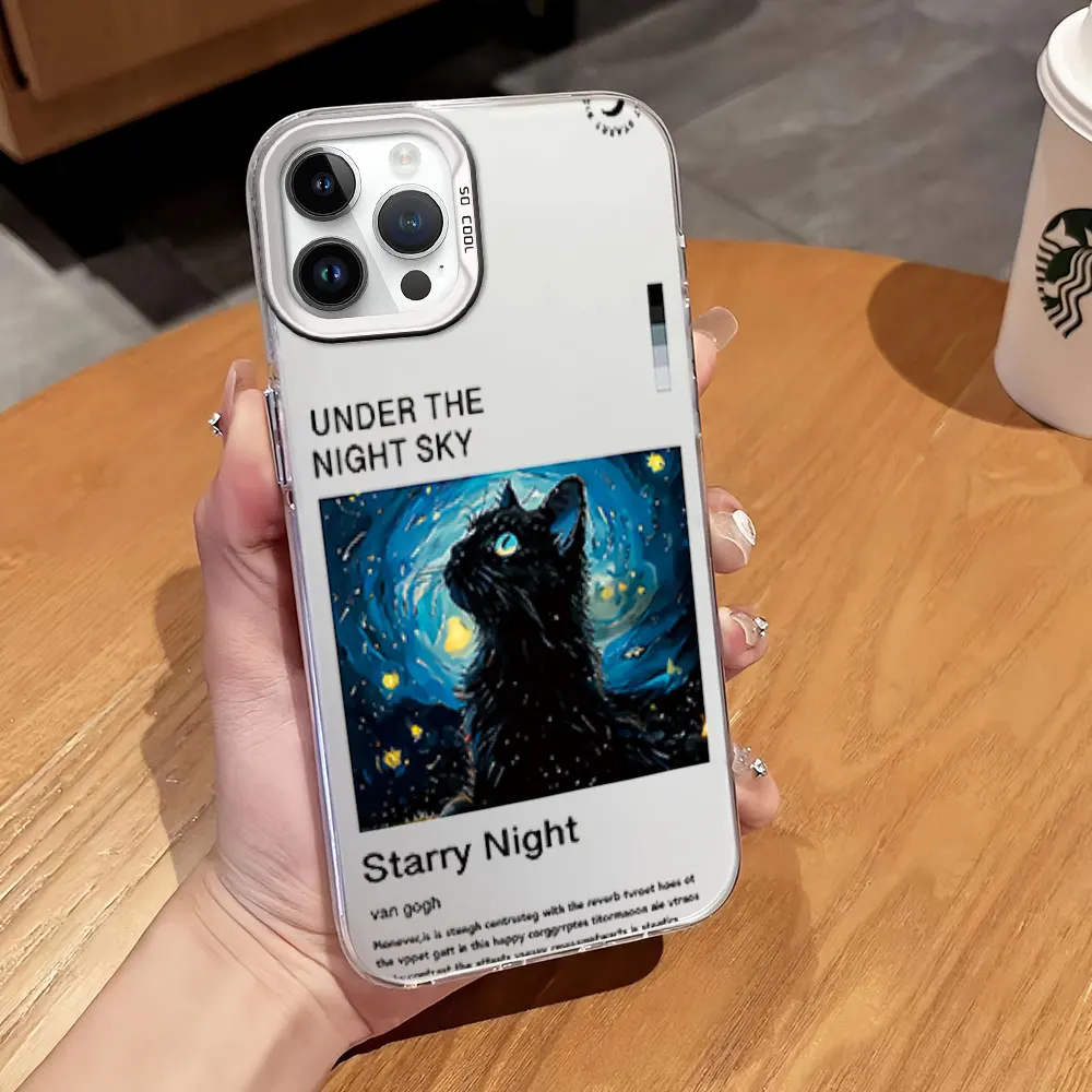 Coque de téléphone avec placage IMD pour iPhone, Vincent Van Gogh, Starry Night Black Cat Art, 12, 11, 13, 14, 15, 16 Pro Plus